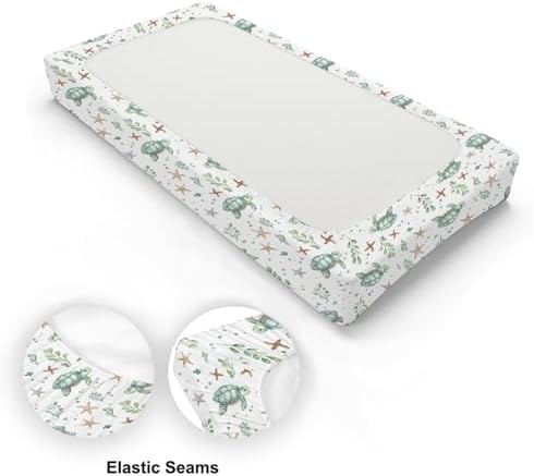 Watercolor Sea Turtle Starfish Fishes Pattern Baby Changing Pad Cover, Unisex Ocean Animals Nursery Diaper Changing Table Pad Mat Sheet for Boys Girls-16x32