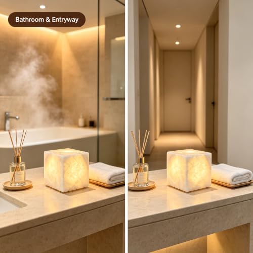 Natural Marble Lamp Cordless Pat Control Night Light Rechargeable Small Marble Table Lamp, Dimming Warm Glow Portable Stone Touch Lamp for Bedroom, Living Room, Decor Gift (Cube-Crystal)