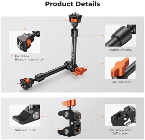 K&F CONCEPT 11" Magic Arm Clamp with Clamp ARRI 1/4" & 3/8" Thread Screw