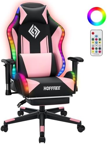 HOFFREE RGB Gaming Chair for Kids LED Computer Chair 155°Recliner-Pink