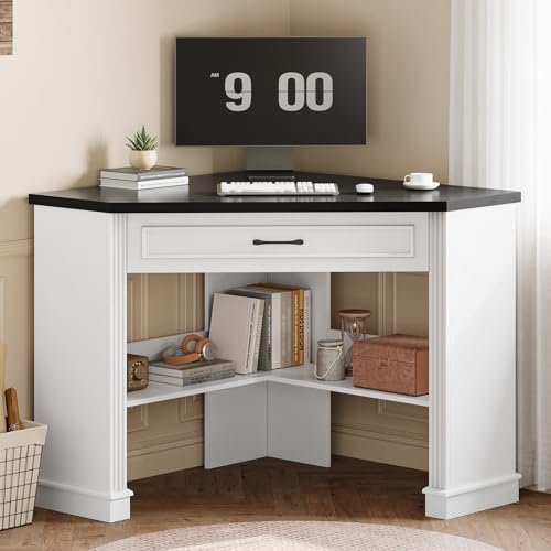 Farmhouse Corner Desk for Small Space, White Small Computer Desk