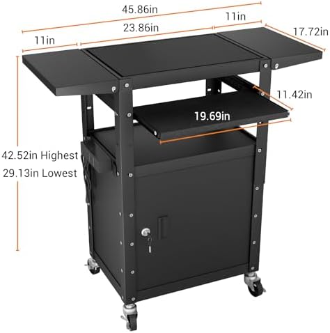 Mobile AV Cart with Pullout Keyboard Tray, Rolling Computer Cart Height Adjustable Rolling Media Utility Cart with Extra Storage Space, 4 Outlets, Perfect for Home or Office Use