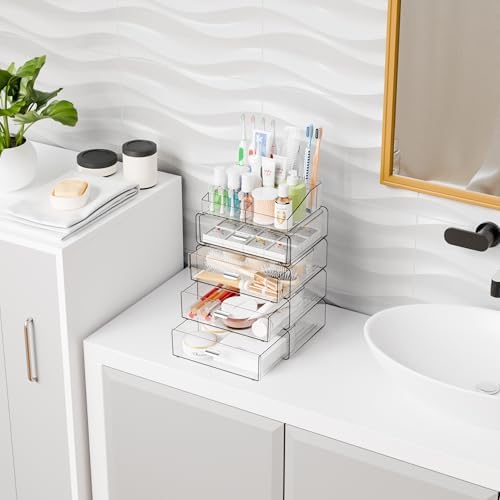 Yieach 5 Tier Clear Acrylic Makeup Organizers with Drawers,Tiered Countertop Make up Storage Organizer for Dresser Top and Bathroom Vanity,Plastic Makeup Stand for Brush,Skincare,Beauty Organizers