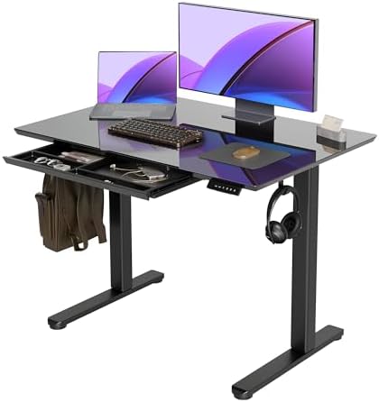 Claiks Glass Standing Desk with Drawers 40x24 Inch Black