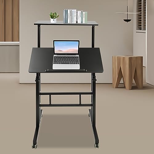 Mobile Stand up Desk, Portable Rolling Desk Laptop Cart, Height Adjustable Table, Small Adjustable Standing Desk with Wheels Home Office Workstation, for Computer Desk, Study Desk (Black)