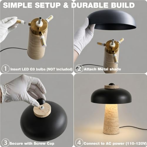 18" Travertine Table Lamp with Black Metal Shade, Marble Mid-Century Modern Black Stone Desk Lamp for Office, Large Stone Bedside Lamp for Living Room Bedroom