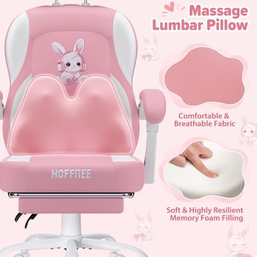 HOFFREE Pink Gaming Chair for Girl Kids Computer Chairs with Cute Bunny