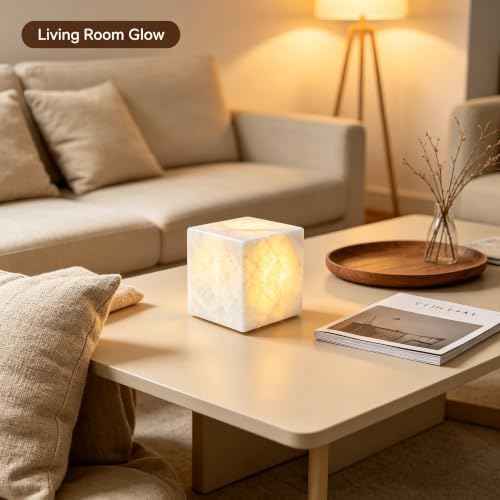 Natural Marble Lamp Cordless Pat Control Night Light Rechargeable Small Marble Table Lamp, Dimming Warm Glow Portable Stone Touch Lamp for Bedroom, Living Room, Decor Gift (Cube-Crystal)