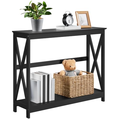 Narrow Black Entryway Console Table, 2-Tier X-Frame Storage Shelf