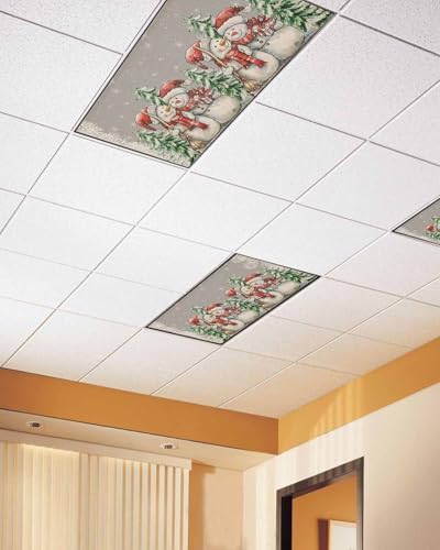 Grey Christmas Magnetic Fluorescent Light Covers for Ceiling Lights 2 x 4 Feet,Snowman Snowflakes Green Pine Tree Retro Office Classroom Kitchen Drop Ceiling Light Covers Filters Shade Panel 3 Packs