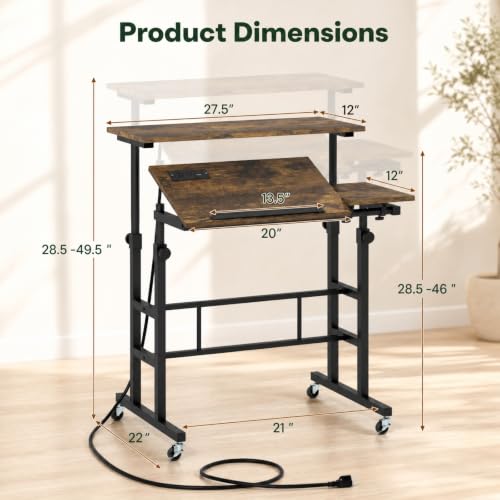 Height Adjustable Mobile Standing Desk with Built-in Power Outlets