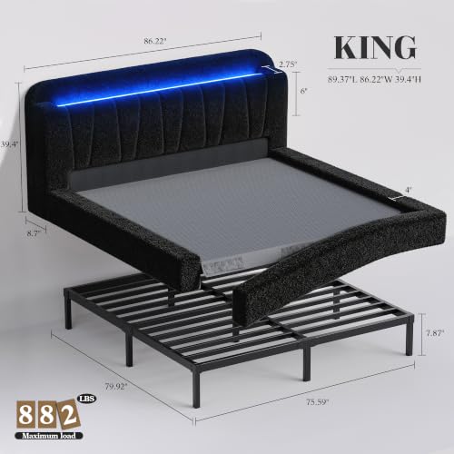 Cloud Bed Frame King with Storage Headboard & LED Lights, Black