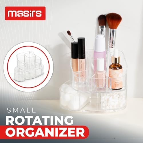 Masirs Small 360 Rotating Makeup Organizer, 5 Compartments, Square Clear
