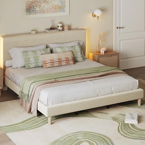 King Bed Frame with Storage Headboard & LED, Upholstered, Beige