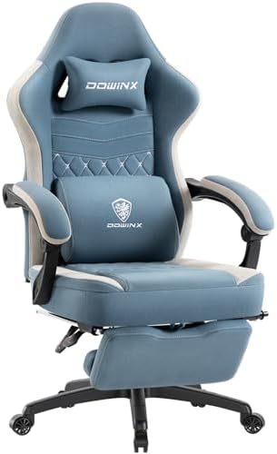 Dowinx Gaming Chair Breathable Fabric Game Chair with Gel Pad and Storage Bag, Comfortable Gamer Chair with Pocket Spring Cushion, Ergonomic Computer Chair with Footrest, Blue and White