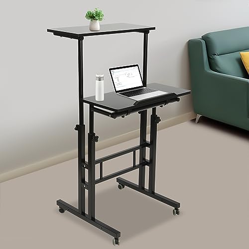 Mobile Stand up Desk, Portable Rolling Desk Laptop Cart, Height Adjustable Table, Small Adjustable Standing Desk with Wheels Home Office Workstation, for Computer Desk, Study Desk (Black)