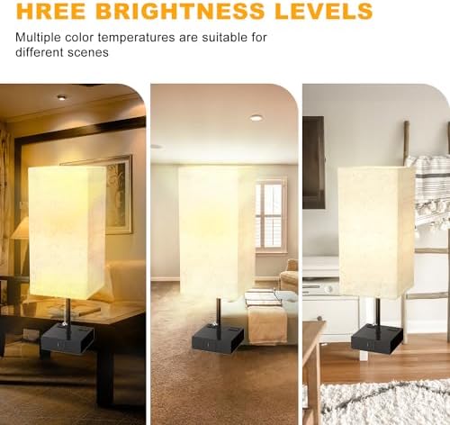 YIDPU Table Lamp for Bedroom with USB,Bedside Lamp with USB C+A Charging Ports,Adjustable 3color LED Light for Home Decor/Nightstand/Office,Included Bulb and Fabric Lamp Shade (Linen White, 2PCS)