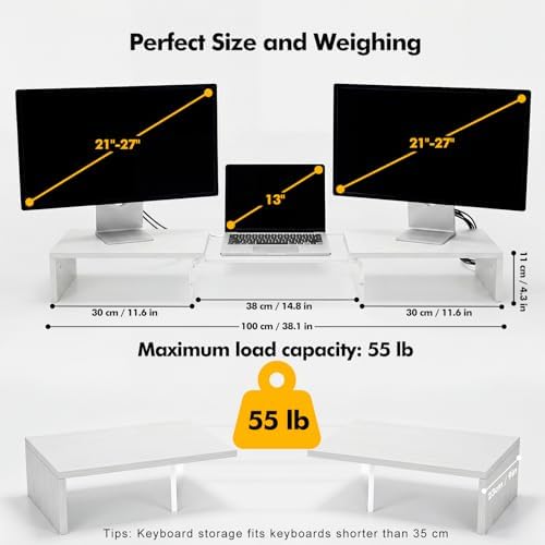 Dual Monitor Riser, Acrylic Monitor Riser with Keyboard Storage, Adjustable Angle & Length Computer Monitor Stand, Wide Desk Shelf for Top of Desk for Home Office_White Maple Look