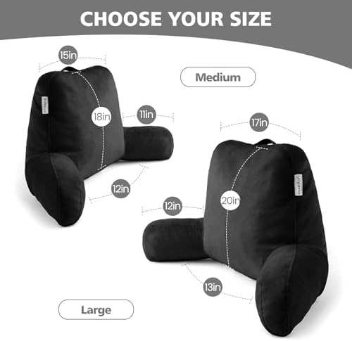 Reading Pillow with Adjustable Memory Foam,Adult Backrest with Arms, Back Pillow for Sitting in Bed with Washable Cover- Large, Black