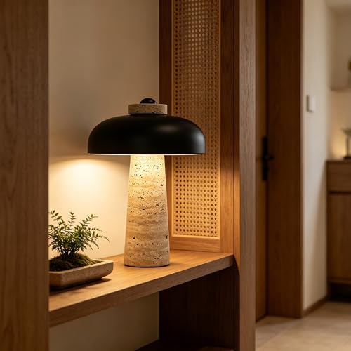 18" Travertine Table Lamp with Black Metal Shade, Marble Mid-Century Modern Black Stone Desk Lamp for Office, Large Stone Bedside Lamp for Living Room Bedroom