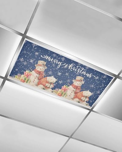 Christmas Magnetic Fluorescent Light Covers for Ceiling Lights 2 x 4 Feet,Retro Snowflakes Snowman Bear Farmhouse Blue Office Classroom Kitchen Drop Ceiling Light Covers Filters Shade Panel 1 Pack