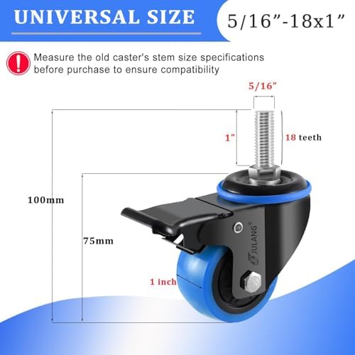 2 inch Stem Caster Wheels, 5/16" Threaded Stem Casters Set of 8