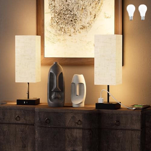 YIDPU Table Lamp for Bedroom with USB,Bedside Lamp with USB C+A Charging Ports,Adjustable 3color LED Light for Home Decor/Nightstand/Office,Included Bulb and Fabric Lamp Shade (Linen White, 2PCS)