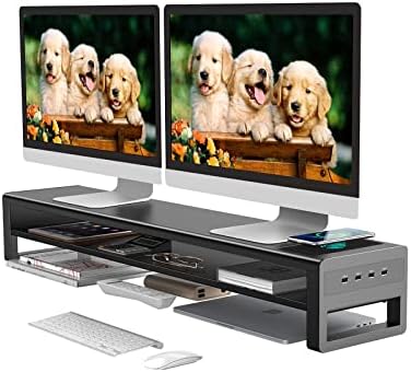 2 Tiers Dual Monitor Stand with Auto Charging Pad, 4 USB 3.0 Hub Ports, Double Monitor Riser, Metal Desk Stand with Storage, Long Screen Raiser for 2 Monitors/PC/Laptop/Computer Space Saver Organizer
