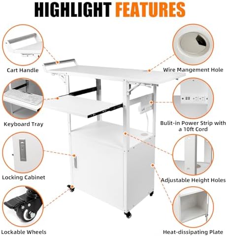 Large Steel AV Cart with Wheels and Drop Leaves, Height Adjustable AV Cart with Locking Cabinet and Power Strips, Rolling Computer Workstation with Pullout Keyboard Tray for Office & Classroom