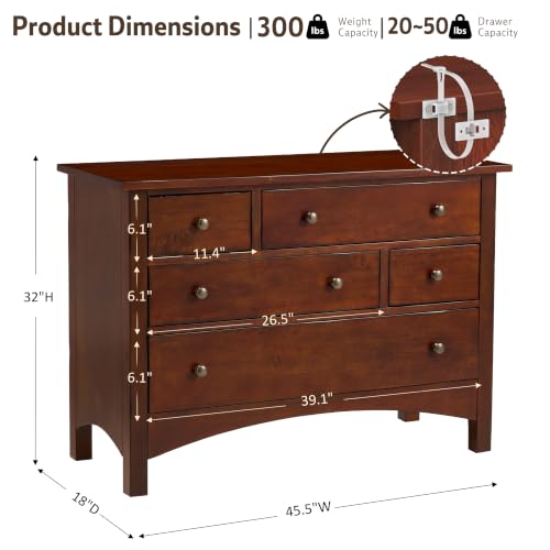 Jacob Solid Wood 5-Drawer Dresser for Bedroom, Living Room（Walnut）