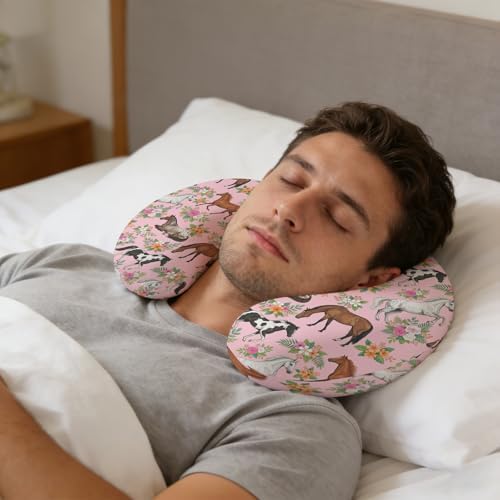 Travel Pillows U Shape Memory Foam Pink Flower Horse Plane Neck Pillows Head Support Comfort Portable Floral Animal Headrest Neck Pillow for Airplane Car Office Home Chair Sleeping Napping Rest