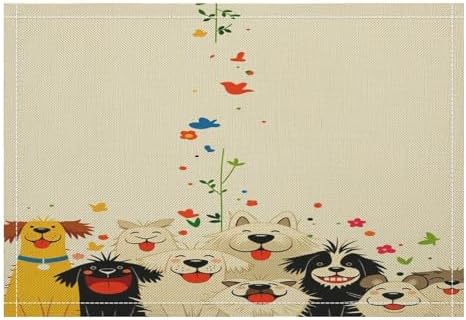 Cute Dogs Floral Linen Placemats Set of 4PCS, Heat Resistant Non-Slip Washable Table Placemats for Dining Everyday Use Hotel Banquet Home Decor