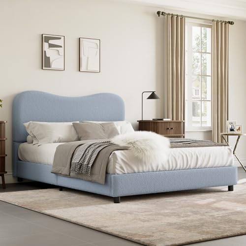 Queen Bed Frame with Boucle Fabric, Blue