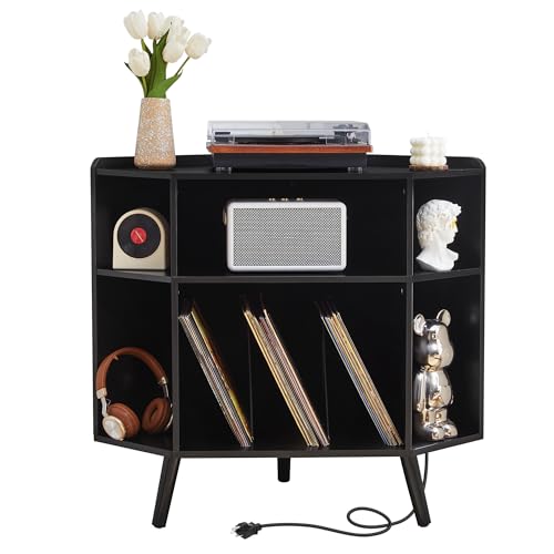 Corner Record Player Stand with Charging Station & USB Ports