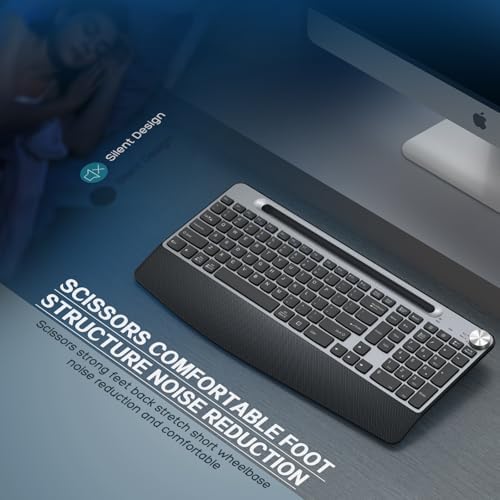 JOYACCESS Ergonomic Wireless Keyboard with Wrist Rest, Low-Profile,Phone Holder,2.4GHz Full Size Silent Cordless USB Computer Keyboard for Windows, Mac OS Desktop/Laptop/PC-Black Grey