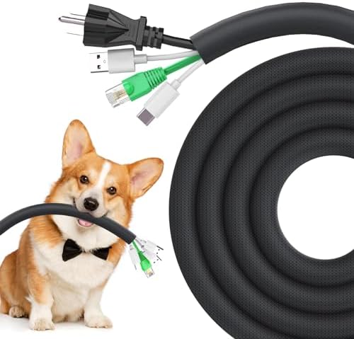 UOMTFAI Dog Cat Cord Protector 10ft - 1/2inch, Flexible Cable Sleeve for Easy Cord Management, Protects Cables from Pets Chewing, Ideal for USB, Power, Audio and Video Cords - Black