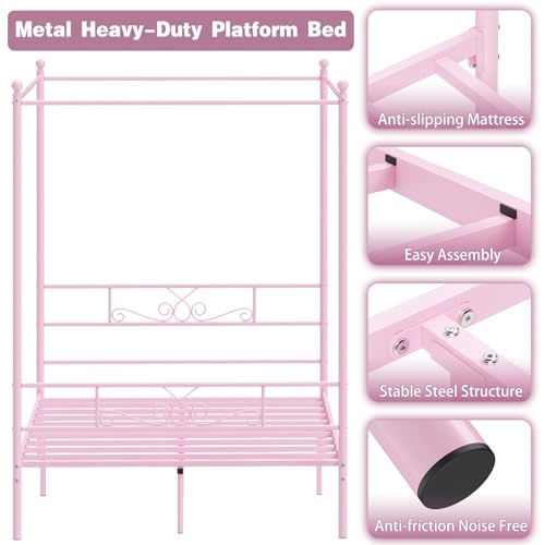 Full Metal Canopy Platform Bed Frame with Headboard, Pink