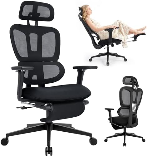 Ergonomic Office Chair with Footrest, 90-135° Reclining High Back Desk Chair with Lumbar Support, 2D Headrest, 4D Armrests, Computer Chair for Long Hours, Black