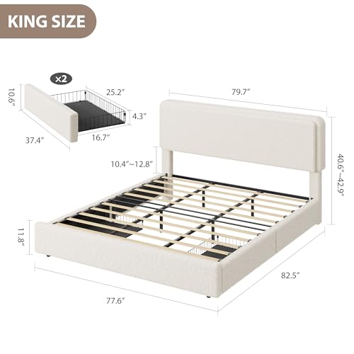 Bed Frame with 2 Storage Drawer, Cream Beige, King