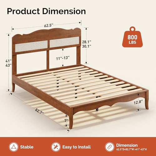 Queen Bed Frame with Adjustable Headboard, Wooden Bedframe