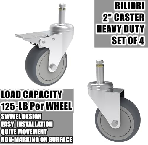 RILIDRI 2-Inch Swivel Stem Caster, 7/16-Inch Stem Diameter Rubber Wheel, Thermoplastic Rubber TPR Replacement Wheels - 4 Pack(2 Brakes 2 Swivel)