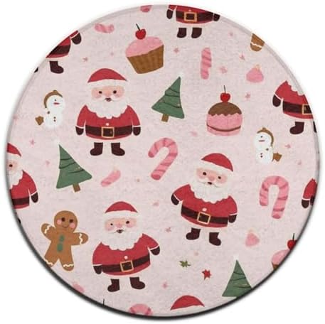 Large Home Decor Mat, Soft Round Yoga Carpet, Non Slip Machine Washable Kitchen Office Circle Rug Pink Santa Claus Christmas