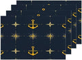 Shrahala Maritime Sea Sailing Symbols Set of 4 12 X 18 Inch Linen Placemats, Navy Blue Nautical Seamless Pattern Burlap Table Mat Washable Double Layered Heat Insulation for Indoor/Outdoor