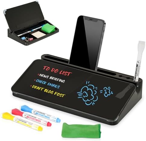 DOLLAR BOSS 12"x7" Small Glass Desktop Whiteboard, All Black