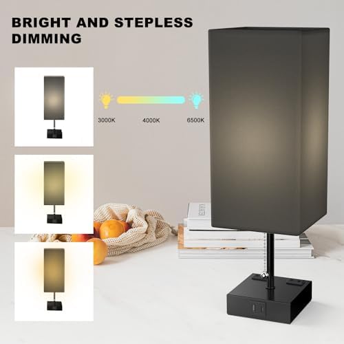 YIDPU Table Lamp for Bedroom with USB,Bedside Lamp with USB C+A Charging Ports,Adjustable 3color LED Light for Home Decor/Nightstand/Office,Included Bulb and Fabric Lamp Shade (Linen Black, 1PCS)