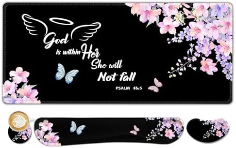 ARTSO Large Mouse Pad Keyboard Wrist Rest Support Combo, Memory Foam Wrist Pad, Extended Desk Mat Protector, God is Within Her Desk Blotter, Psalm Flower Butterfly