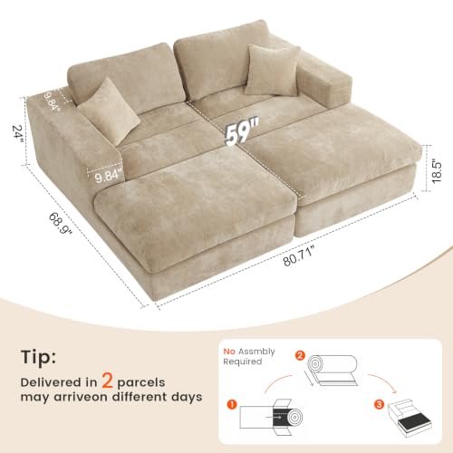 81" Oversized Double Chaise Lounge, Cloud Boneless Sofa Bed, Khaki
