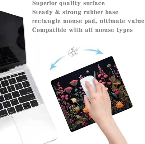 Black Pink Beauty Flowers Plants Mouse Pad,Brightly Colored Unique Design Computer Mousepad with Non-Slip Rubber Base for Women,Washable Mousepads Computer Mouse Pads for Desk Laptop Wireless Mouse