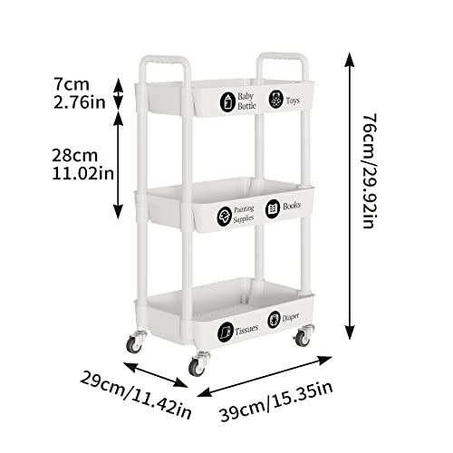 3 Tier Rolling Cart with Wheels, Utility Storage Carts,White