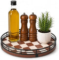 AMH 9-Inch Brown Checkerboard Lazy Susan Organizer with Black Metal Rail
